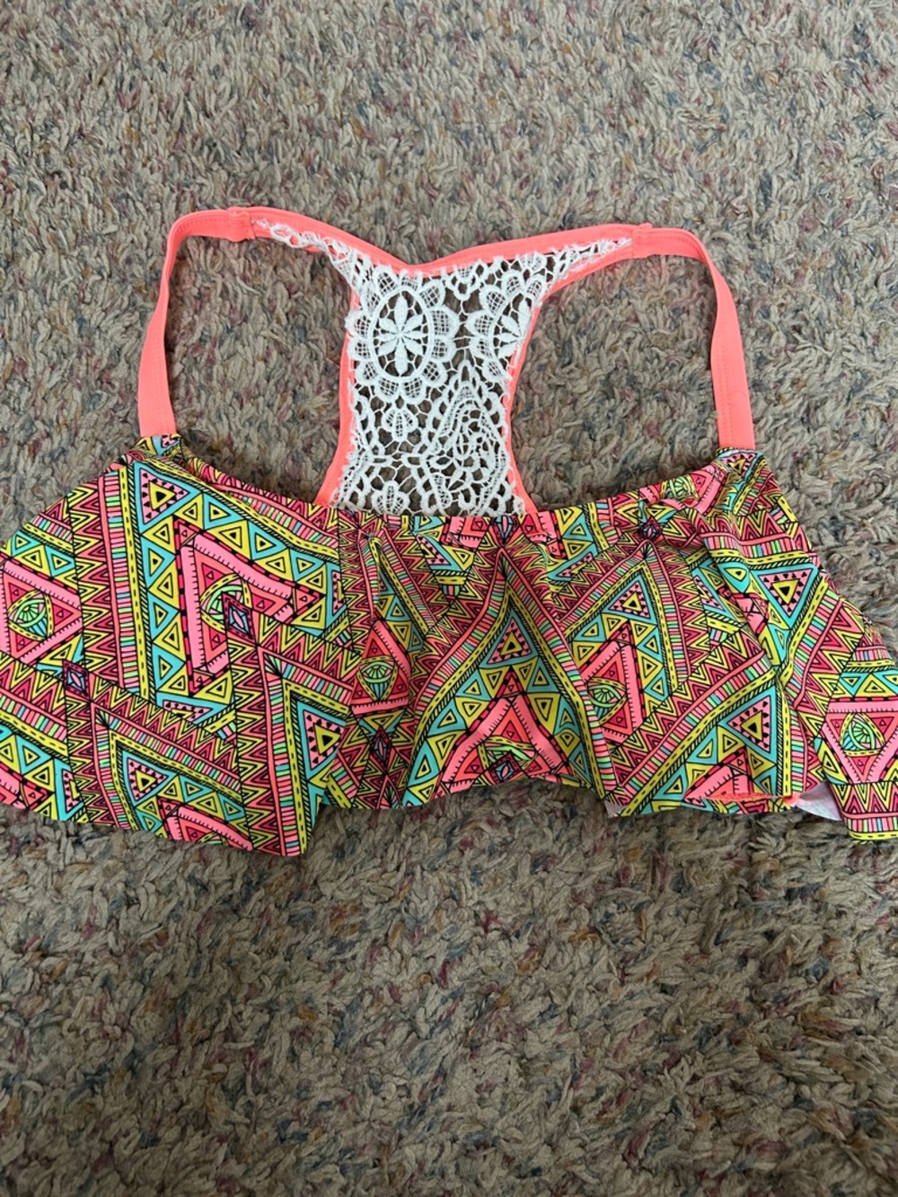 Rue21 Neon Coral & Multicolor Crochet-Back Bikini Top